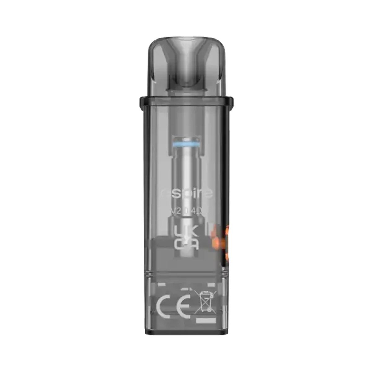 A translucent gray vape pod or disposable vape device shown upright against a plain white background. The device has a smoky clear body with a dark gray mouthpiece, visible internal components, and printed text including 'Aspire' and 'M2 14R'.