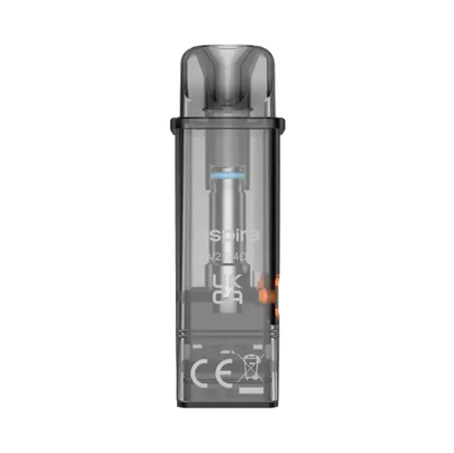 A translucent gray vape pod or disposable vape device shown upright against a plain white background. The device has a smoky clear body with a dark gray mouthpiece, visible internal components, and printed text including 'Aspire' and 'M2 14R'.