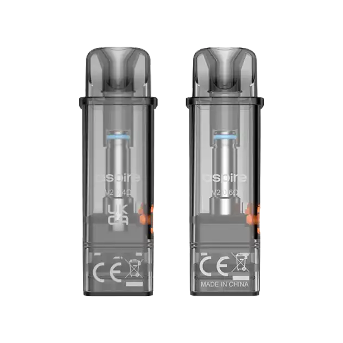 Two transparent smoky gray vape pods side by side on a plain white background, showing internal components and printed markings including CE and MADE IN CHINA.