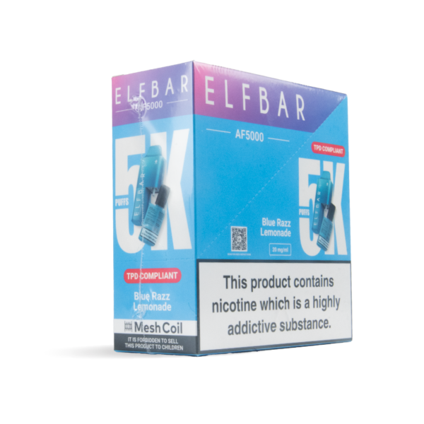 Bulk Buy Elfbar Vapes AF5000 10+2 pods in 5 packs in blue razz lemonade uk wholesale angle shot