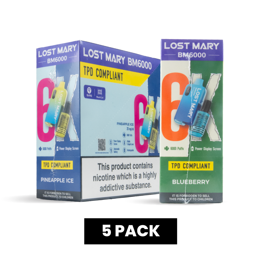 Bulk Buy Lost Mary BM6000 Big Puff Vapes 5 packs in Pineapple Ice Flavour