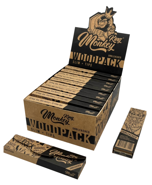 Monkey King Classic Wood Pack Unbleached Rolling Papers with Tips mmcpcw