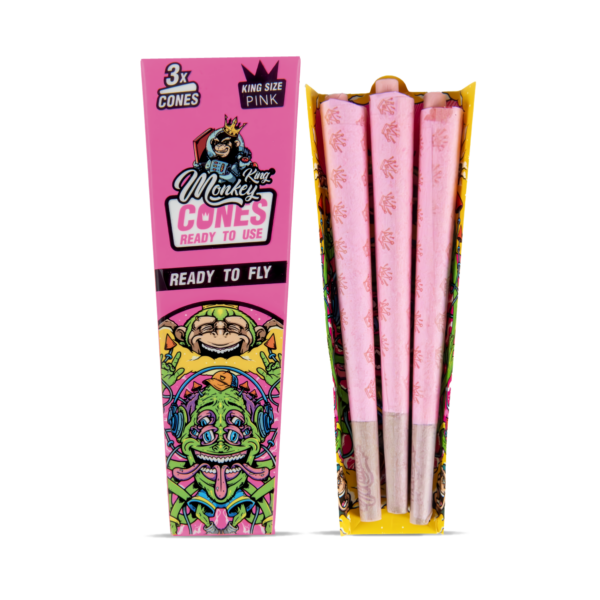 Open 3 Pack of Monkey King Pre-Rolled Cones for Smoking Papers in King Size Pink